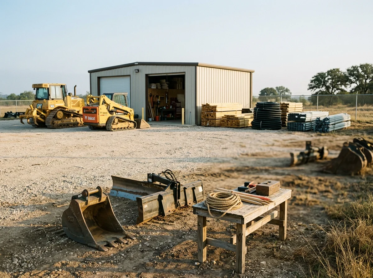 Heavy equipment and tools on a job site, showcasing the machinery and materials used for land clearing and construction work.