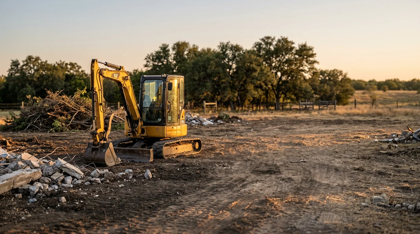Demolition equipment removing structures and clearing debris