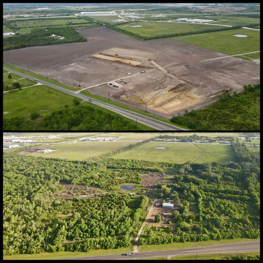 Aerial view of large excavation site with graded earth, heavy equipment, and cleared land preparation