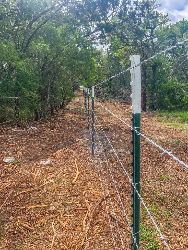 White and green wooden fence posts with wire strands in wooded area