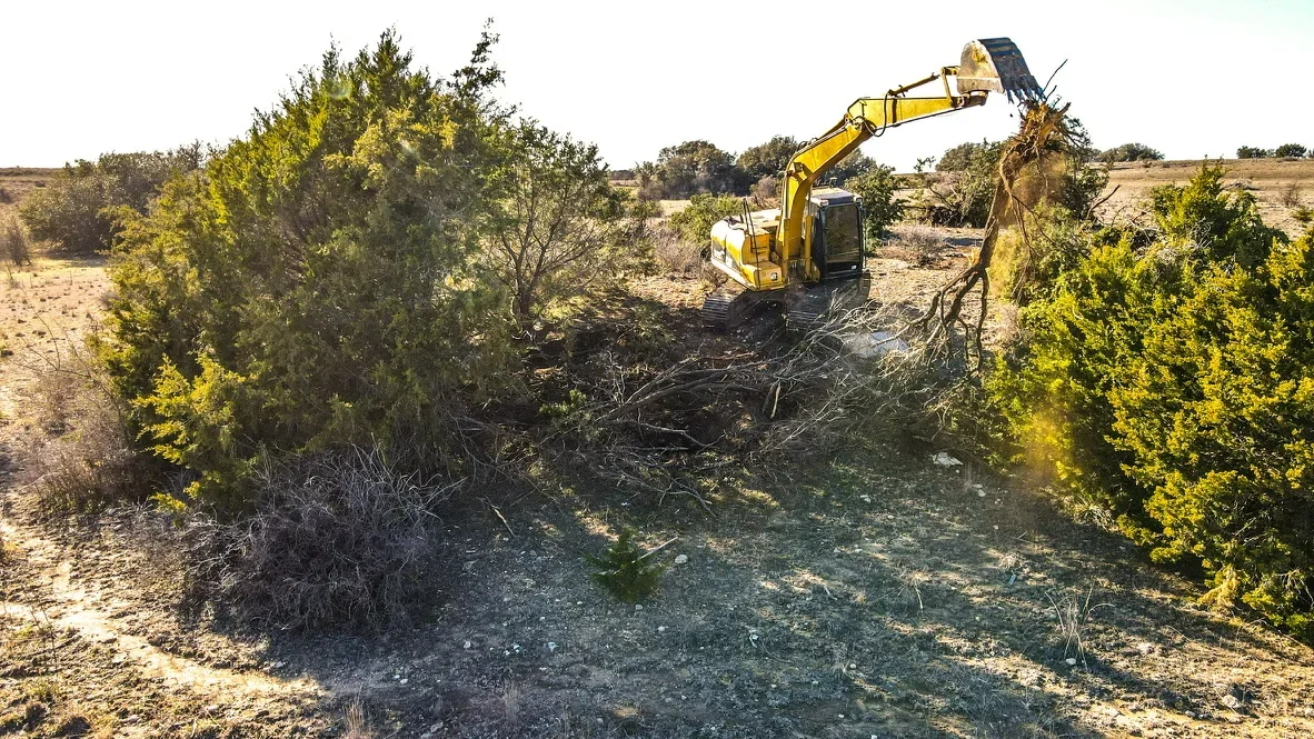 Tracked excavator with grapple bucket clearing dense brush and vegetation from rural land
