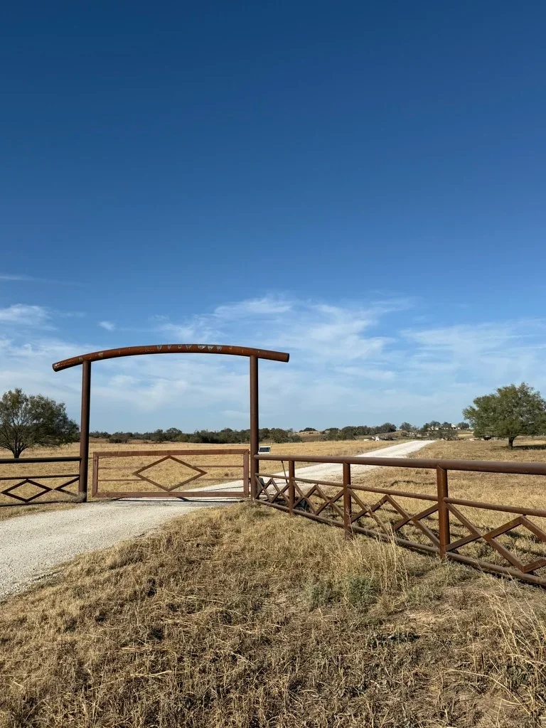 Welded steel ranch gate with curved beam and diamond bracing on gravel driveway