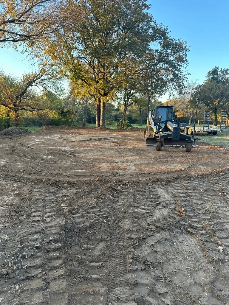 Skid steer loader grading compacted soil lot with mature trees and cleared site preparation