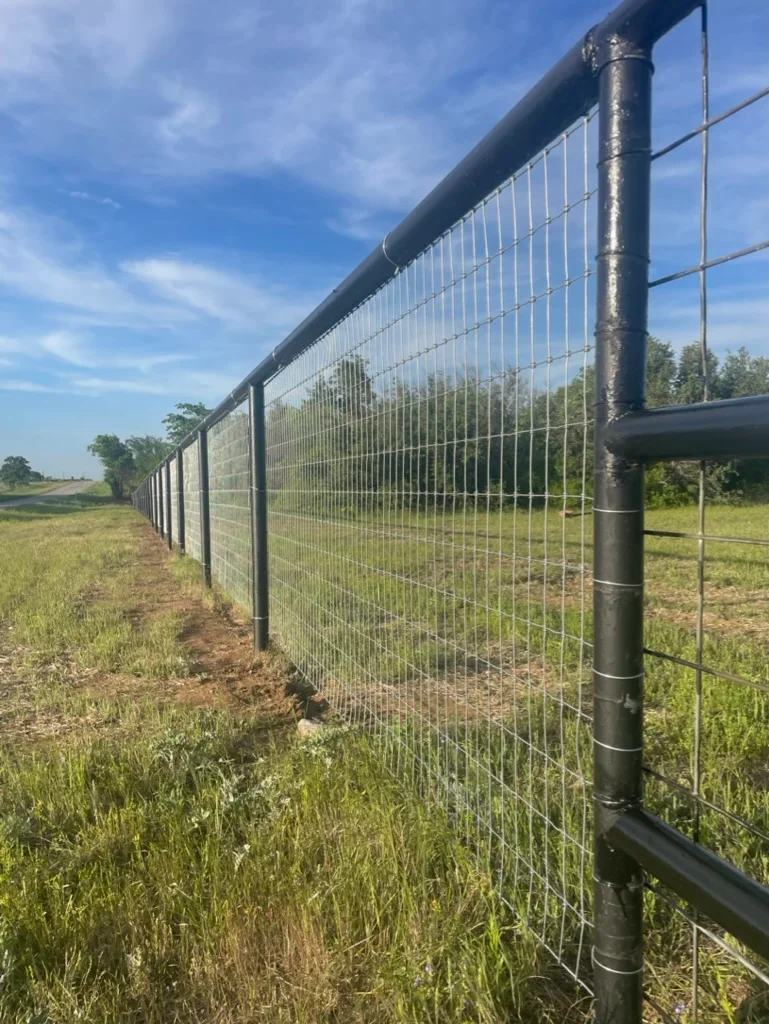 Black steel post and welded wire mesh agricultural fence with horizontal rails in pasture setting