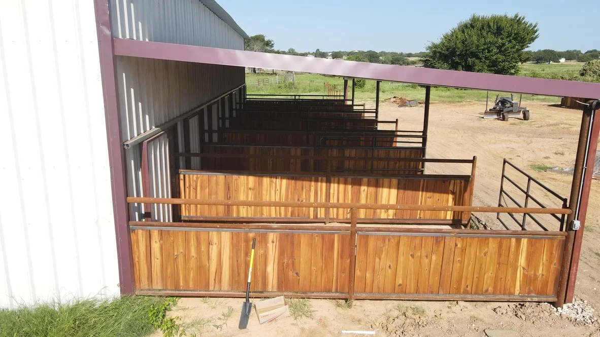 Steel-frame livestock loading facility with wooden pens, metal railings, and concrete ramps