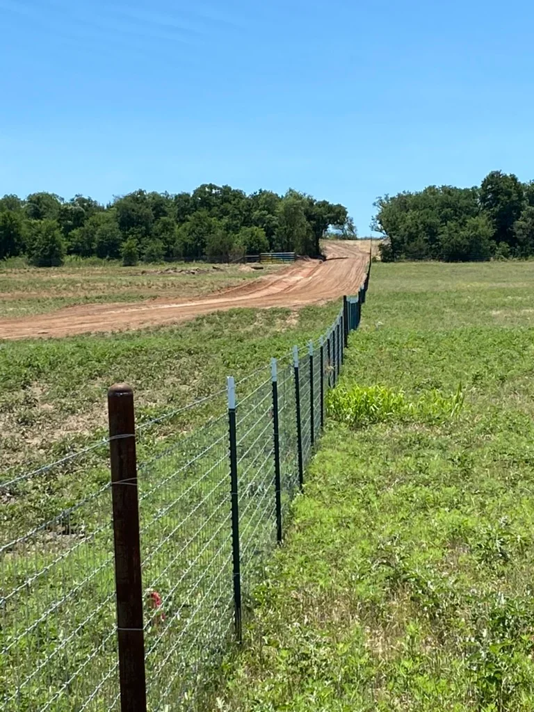 Red clay driveway with steel wire fence running through green pasture and tree line