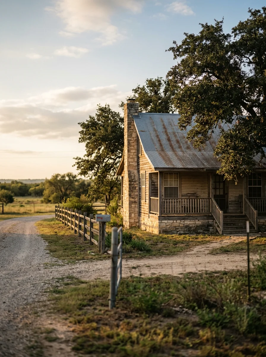 De Leon farmhouse or rural residence with clear property lines and natural surroundings.