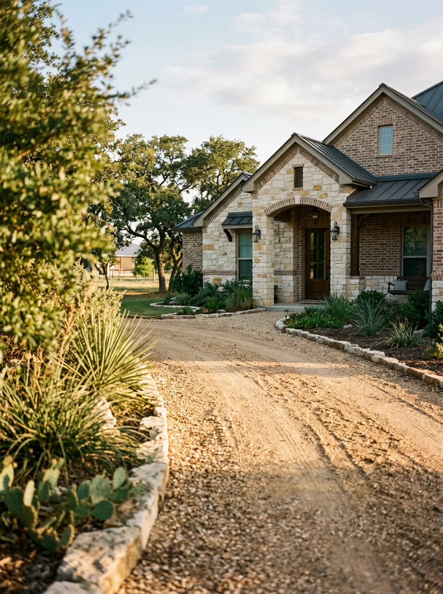 Close-up of a Stephenville home's front entrance with professional landscaping and clear driveway access.