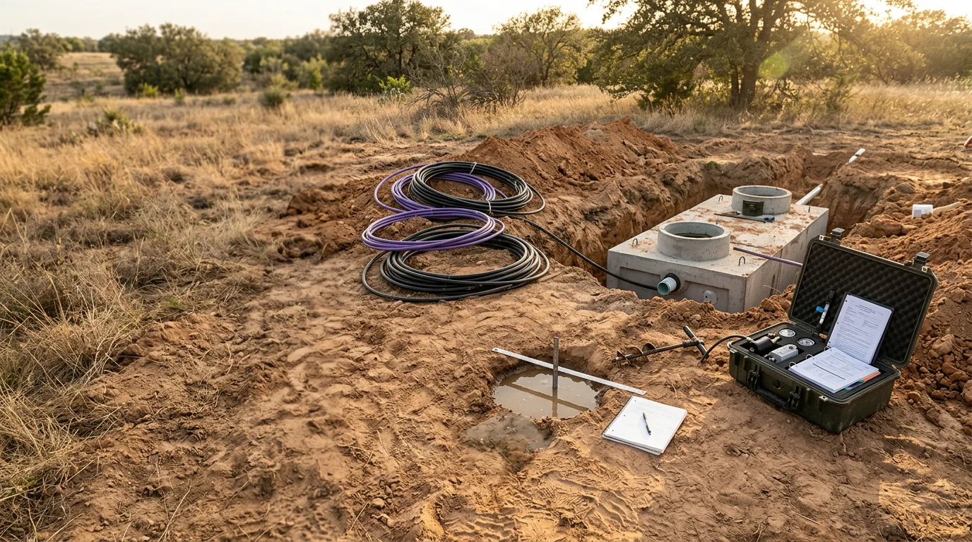 A newly installed aerobic septic system on a rural residential lot in Stephenville, Texas, showing the treatment tank, spray dispersal heads, and freshly graded soil in an Erath County setting.