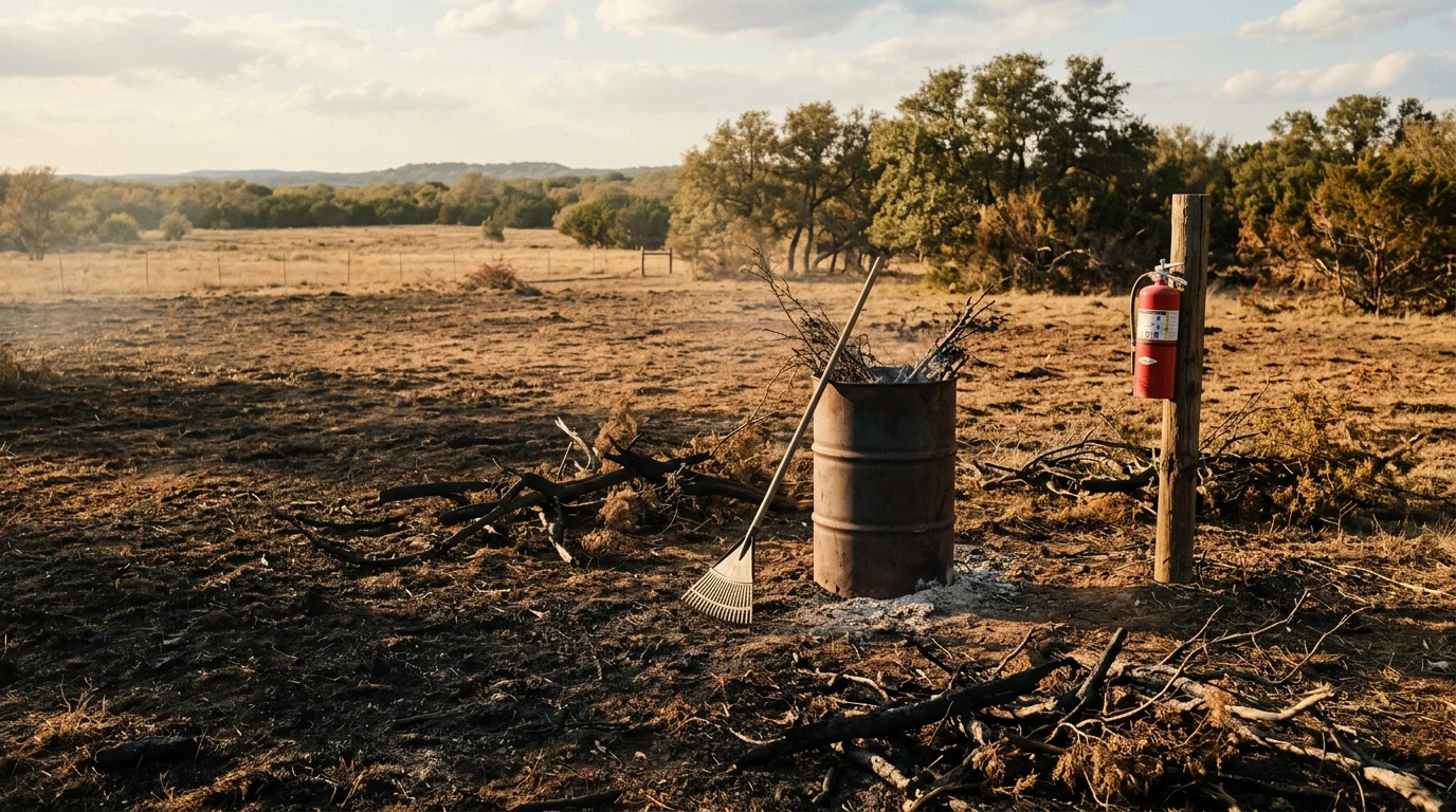 A cleared rural land tract near Stephenville, Texas showing open ground after brush burning with no remaining woody debris or scrub vegetation. Erath County pasture land visible in the background with fence line exposed after cedar and mesquite removal.