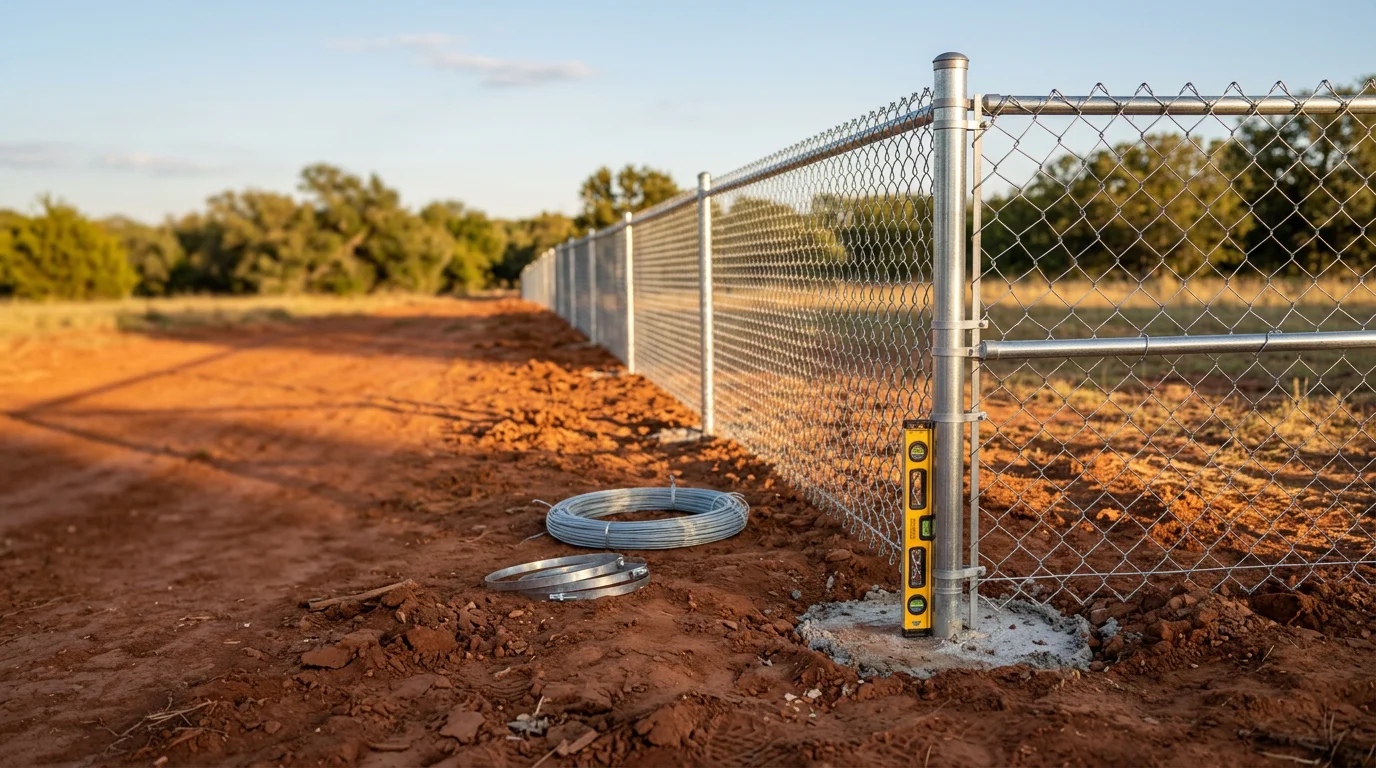 Newly installed chain link fence along the perimeter of a residential backyard in Stephenville, Texas, with concrete-set steel posts and taut galvanized mesh running across a flat grass lot. The fence line is straight and level, with a single swing gate visible at the corner of the property.
