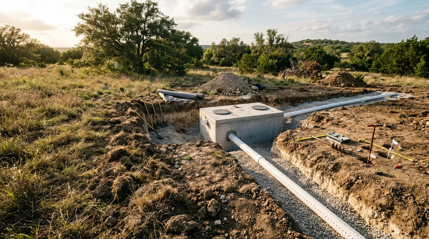 A freshly graded residential lot in Stephenville, Texas showing a newly installed conventional septic tank and drain field trenches with disturbed soil indicating recent excavation work. A rural home and fence line are visible in the background under a clear Texas sky.