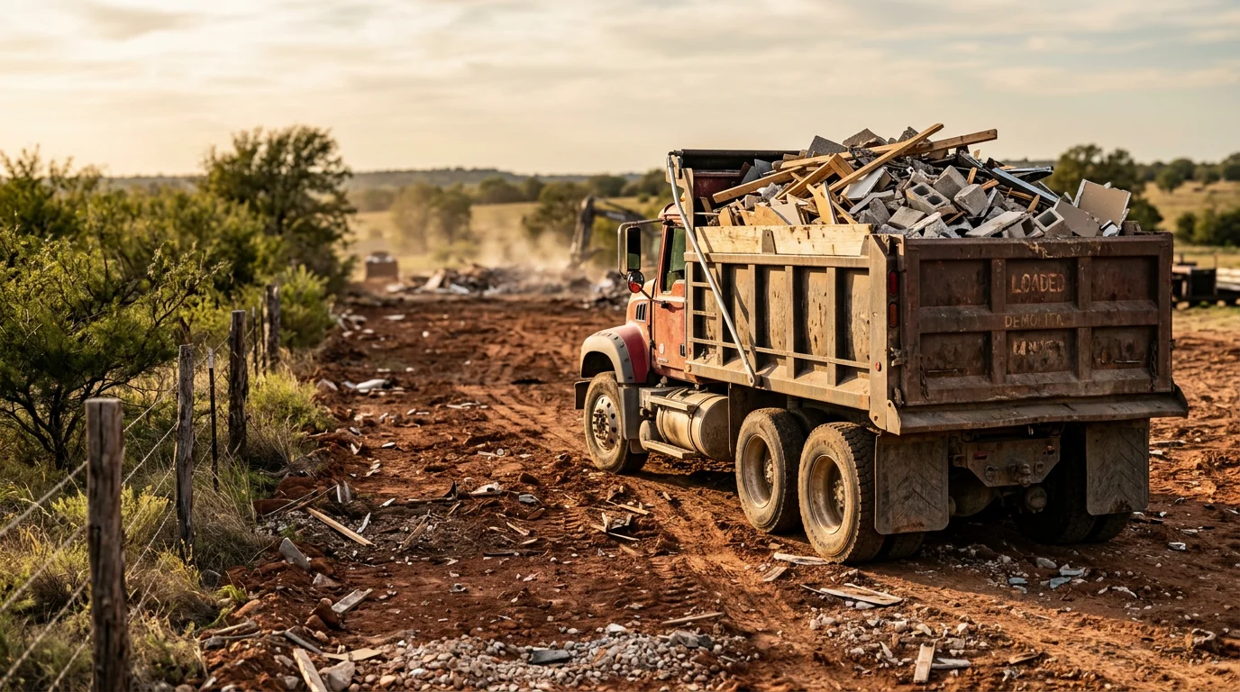 A cleared Stephenville, Texas property lot after demolition debris removal, showing a clean dirt surface free of concrete rubble and construction waste. Heavy equipment tracks are visible near a removed outbuilding foundation in an Erath County rural setting.