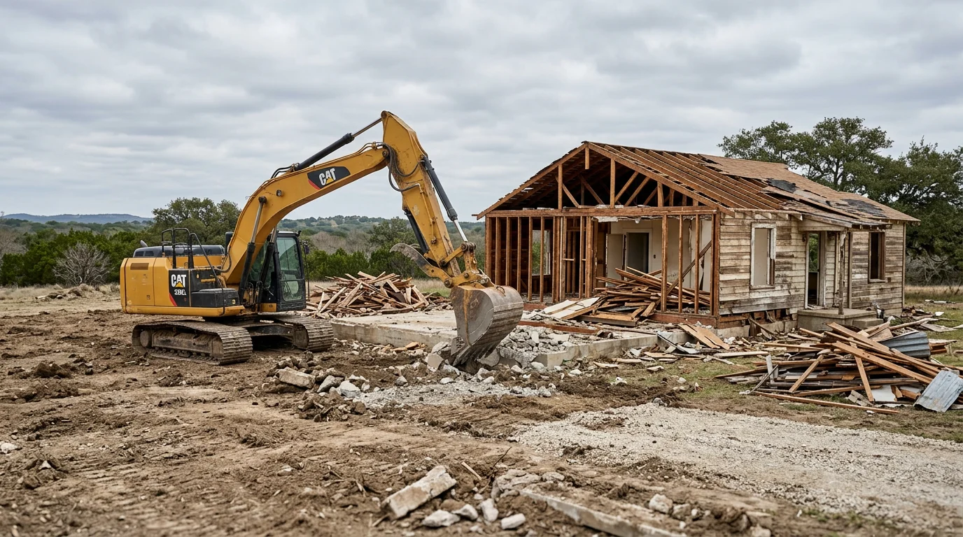 A cleared residential lot in Stephenville, Texas after full structure demolition, with debris removed and bare ground ready for new construction. A Henderson Land Services excavator is visible on site in an Erath County rural setting.
