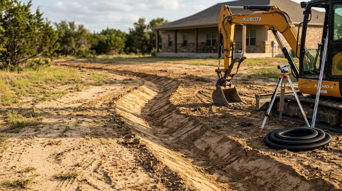 A graded drainage swale on a Stephenville, Texas residential property directing water away from the home's foundation after excavation work. Freshly shaped soil channels show clear slope and water flow correction on a clay and sandy loam lot.