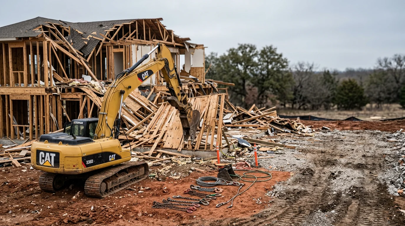 A storm-damaged wood-frame structure in Stephenville, Texas being demolished by heavy equipment, with debris cleared to the side and the surrounding land visible. Henderson Land Services crew on site managing controlled takedown in an Erath County rural setting.