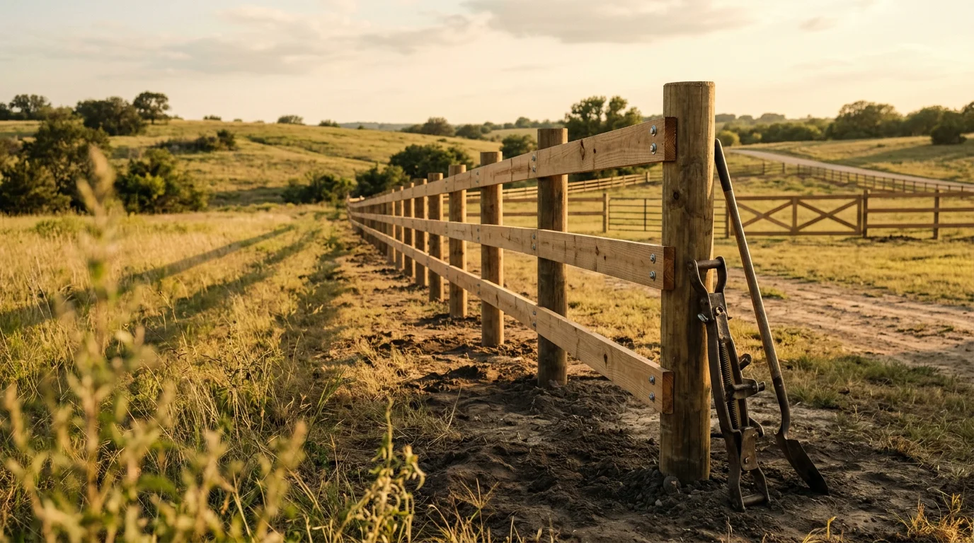 Pipe rail and no-climb wire cross-fencing installed on a horse property in Stephenville, Texas, with rolling Erath County pasture visible in the background. A gated catch pen entry is visible at the corner of the paddock.