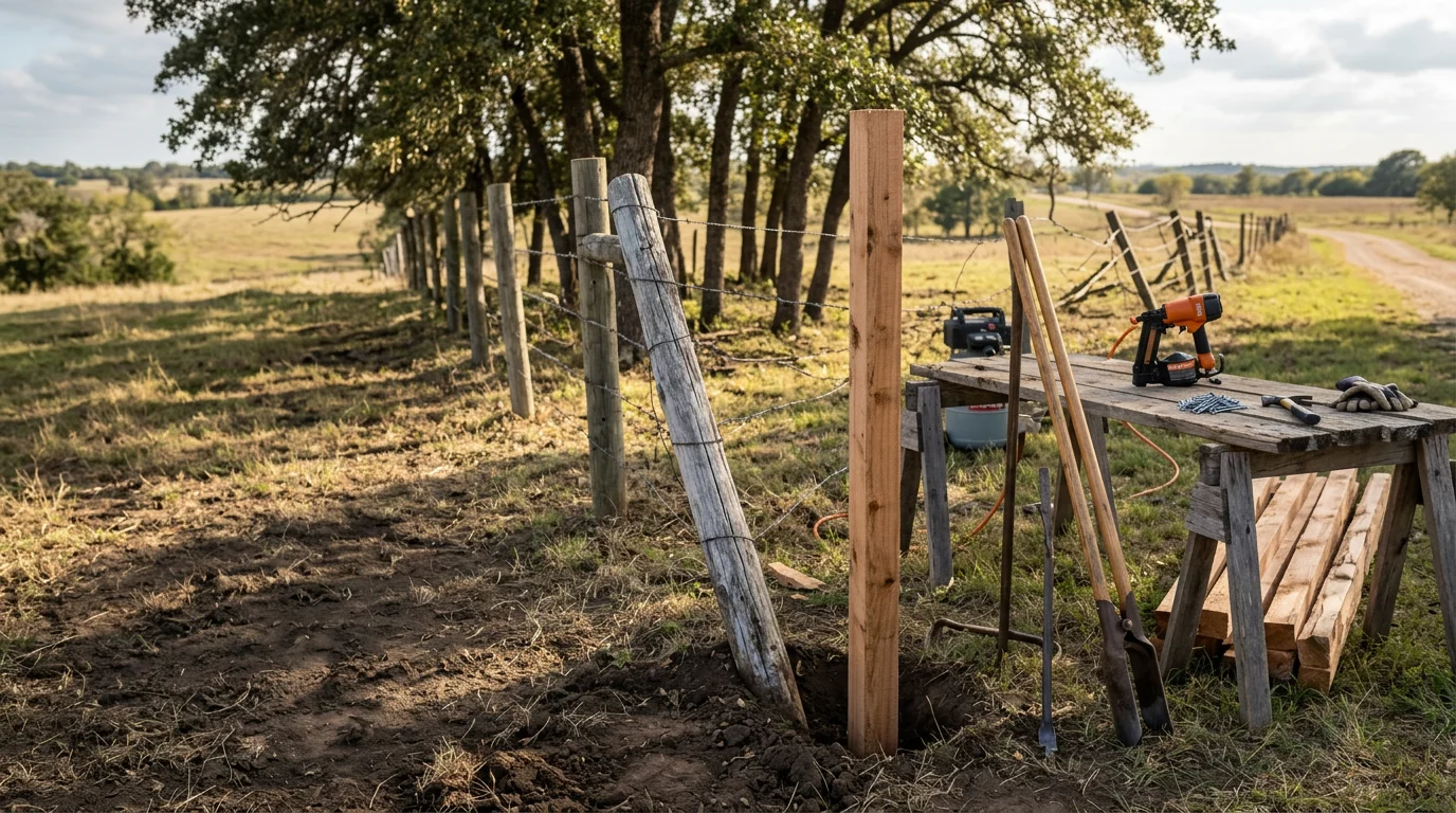 A repaired wood privacy fence on a residential Stephenville, Texas property with reset posts and replaced boards standing plumb along a backyard lot line. Close-up view shows new boards blended into the existing fence section after storm damage repair in Erath County.