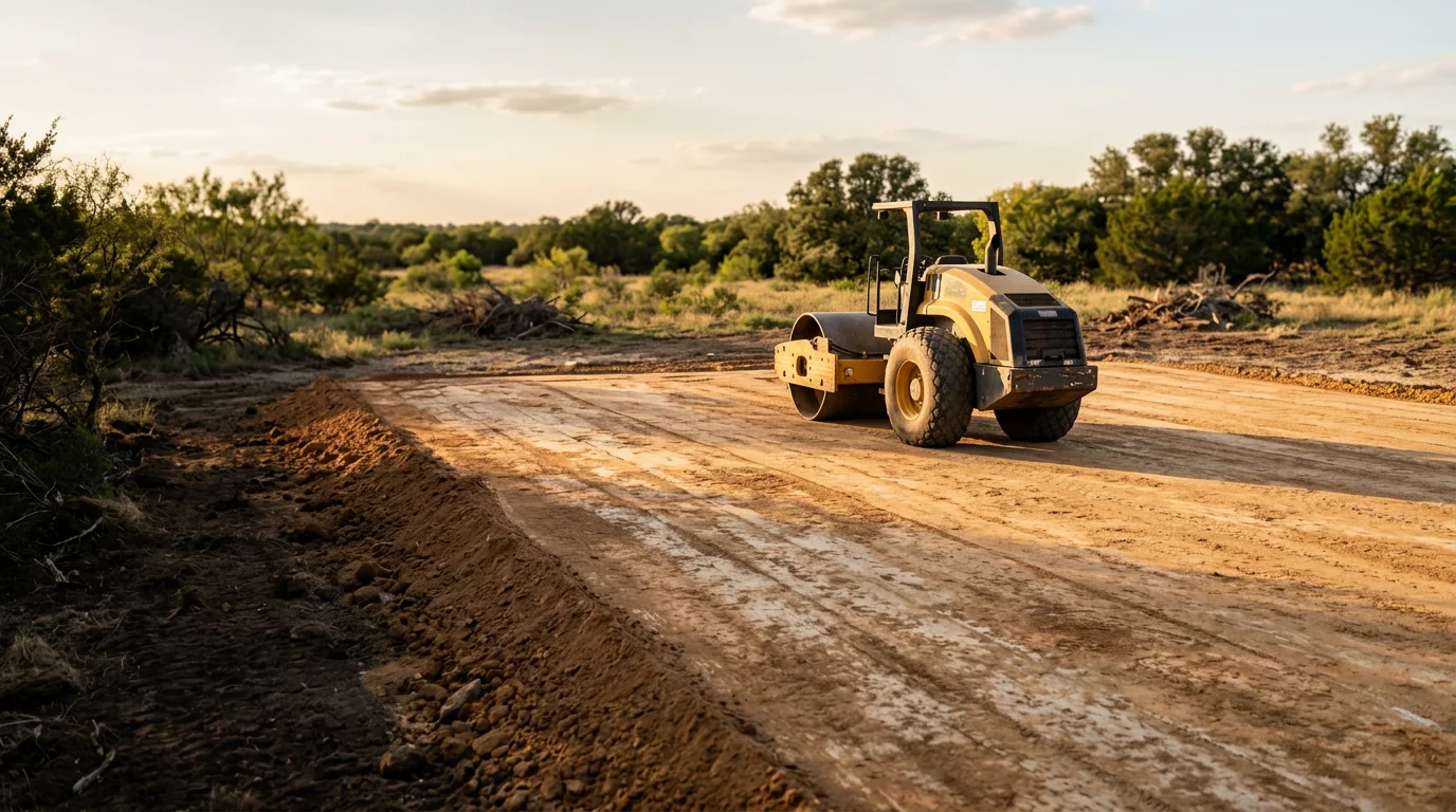 A freshly graded and compacted house pad on a rural Stephenville, Texas property, with level earthwork and cleared surroundings ready for concrete work. Erath County landscape with open sky visible in the background.
