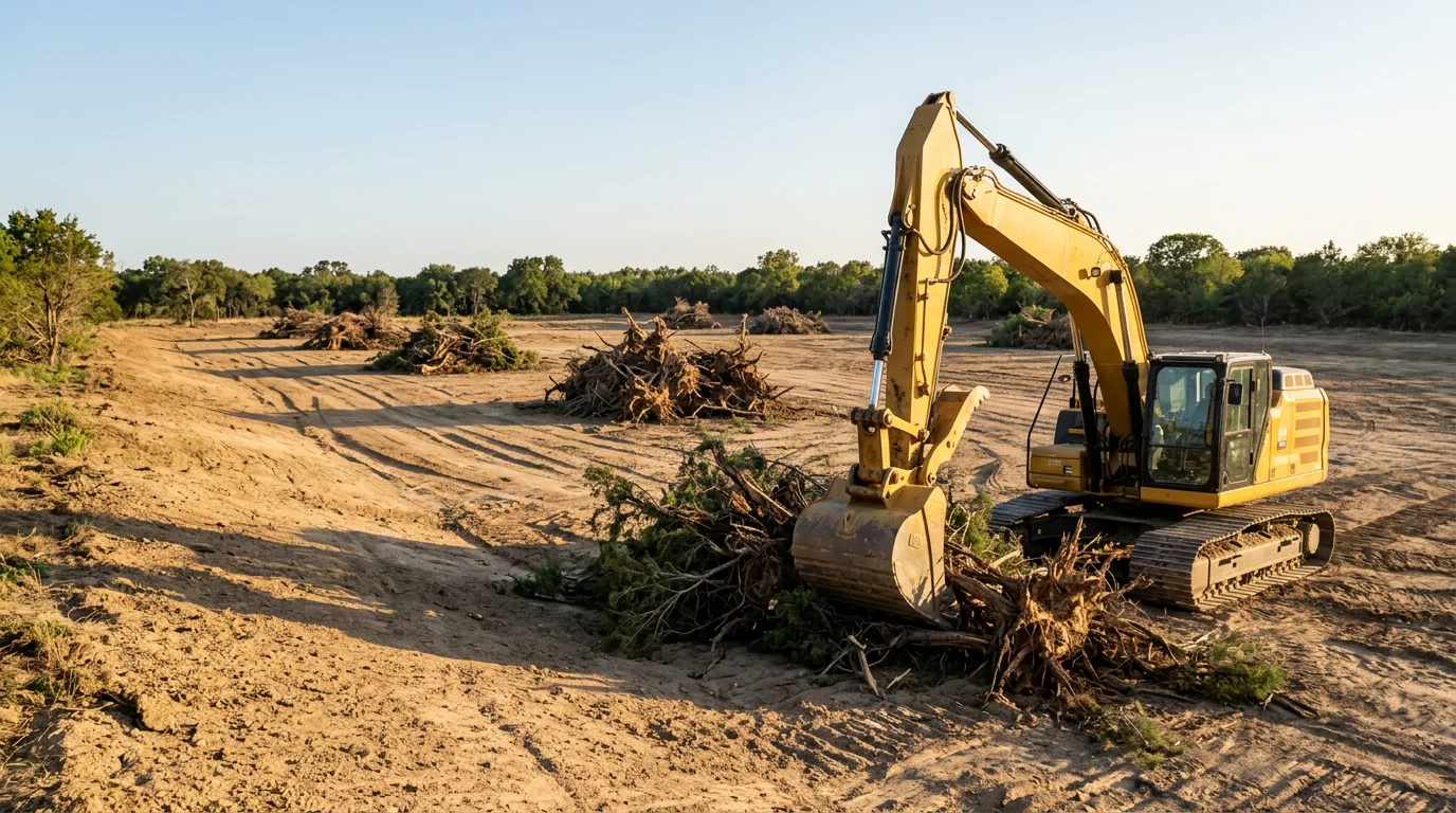 A cleared rural property in Stephenville, Texas showing bare graded soil after cedar and mesquite brush removal. Heavy equipment tracks are visible across the flat site, with open land ready for construction or pasture use.