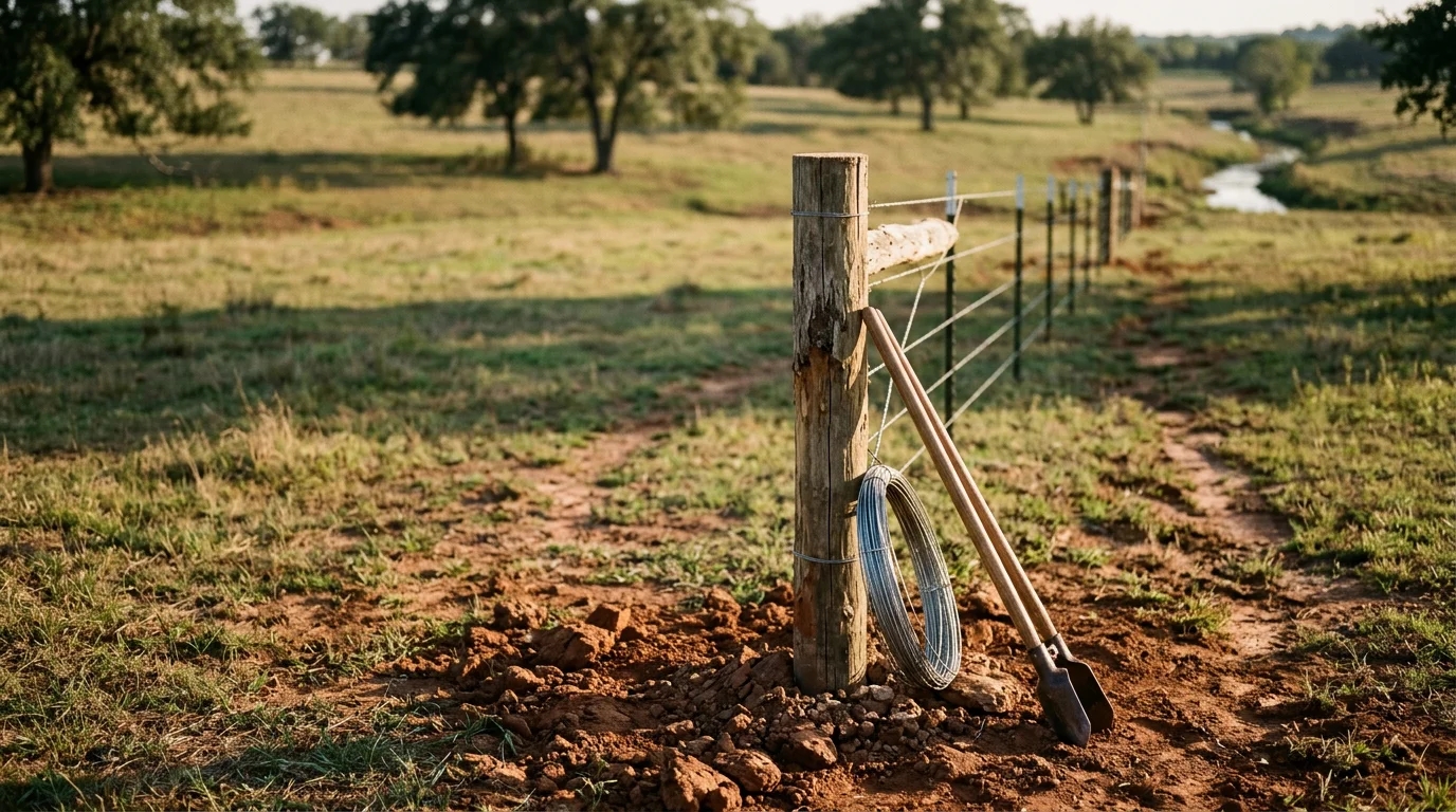 A multi-strand livestock fence running along a pasture boundary on a working ranch in Erath County, Texas. Corner braces and tightly tensioned wire contain cattle on open grazing land near Stephenville.
