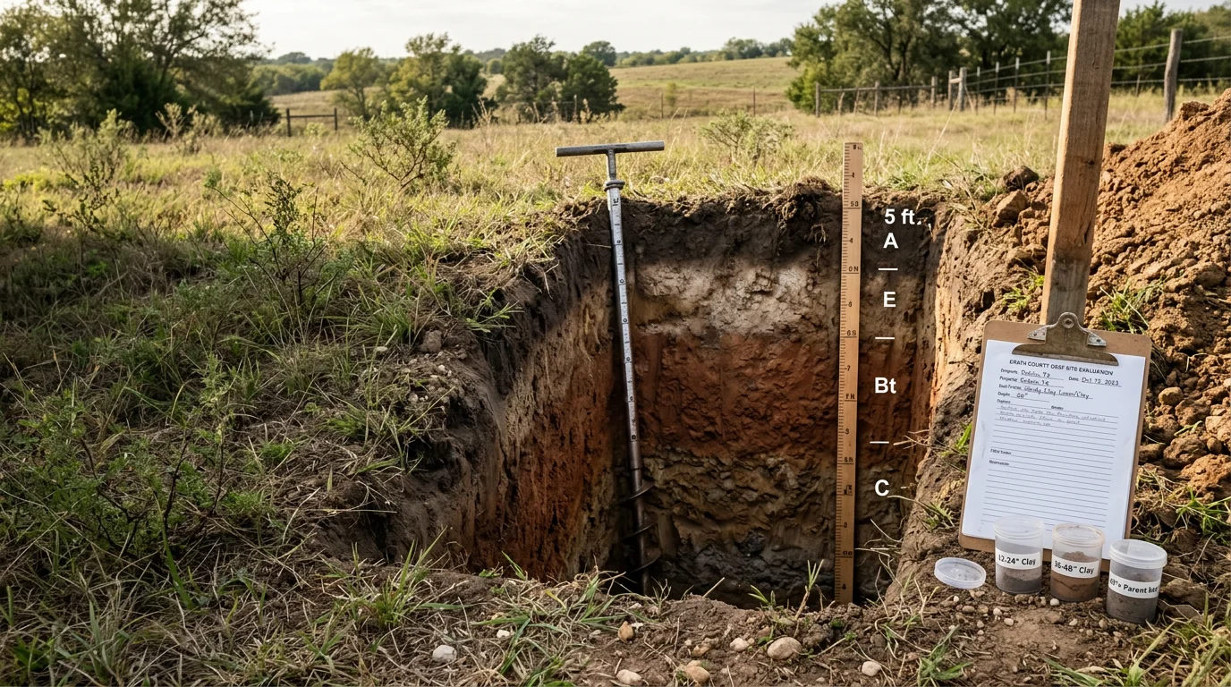 A licensed site evaluator digging a soil profile hole on a rural Stephenville, Texas property to assess absorption capacity for a new septic system. Open pasture land and a residential building site are visible in the background.