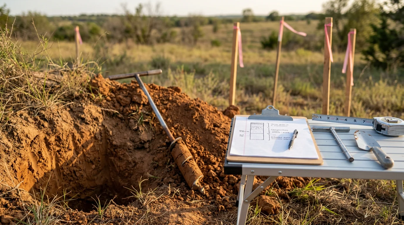 A licensed site evaluator conducting a soil evaluation on a rural residential lot in Stephenville, Texas, with open land and a partial home foundation visible in the background. Equipment and field notes are present as part of the septic system design assessment.