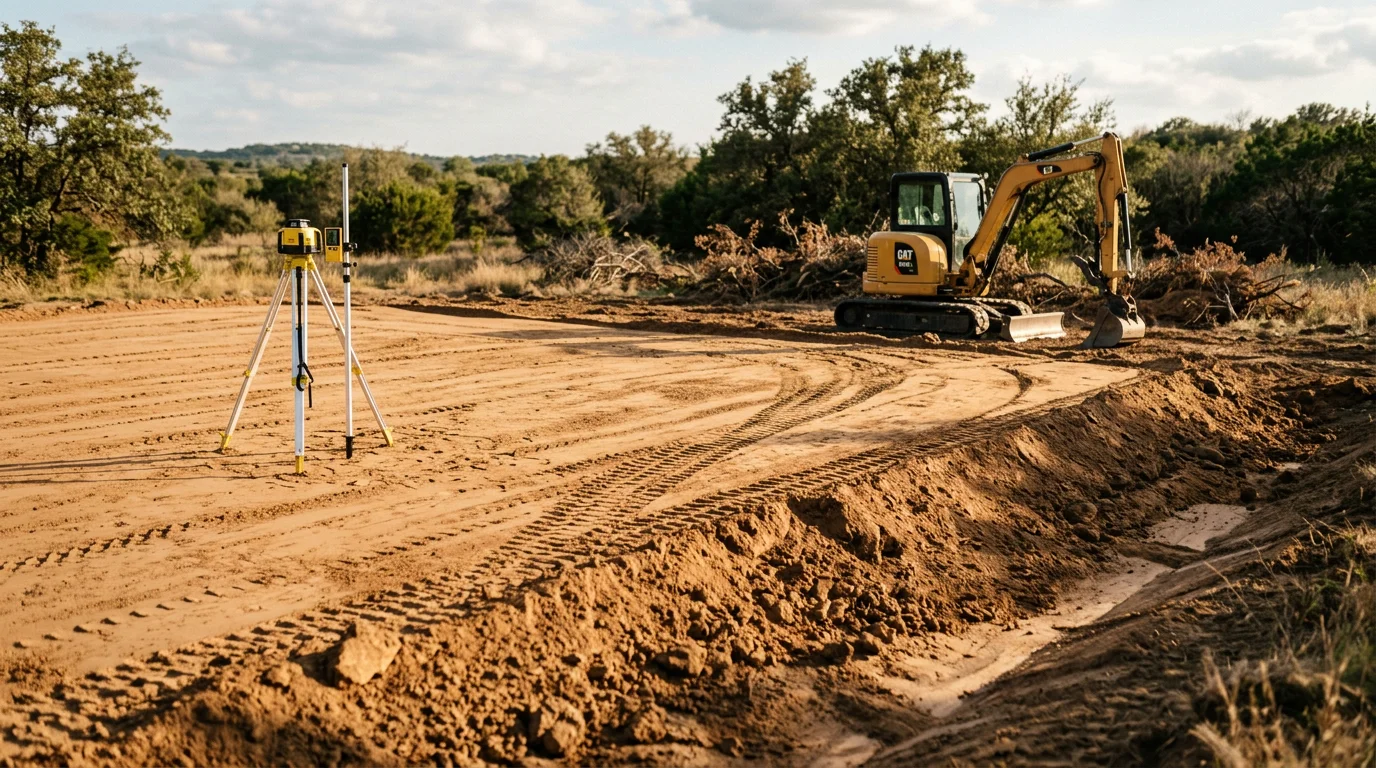 A freshly graded and compacted building pad on a cleared residential lot in Stephenville, Texas, with level ground ready for foundation work. Surrounding area shows removed brush and shaped drainage slopes typical of Erath County land preparation.