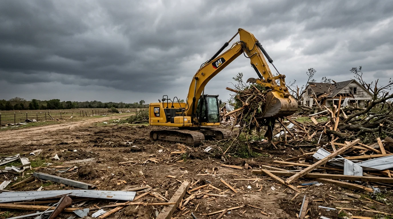 A tracked excavator operated by Henderson Land Services loading large fallen tree trunks and storm debris into a dump truck on a rural Stephenville, Texas property after a severe thunderstorm. The cleared area shows open ground with no remaining debris piles.
