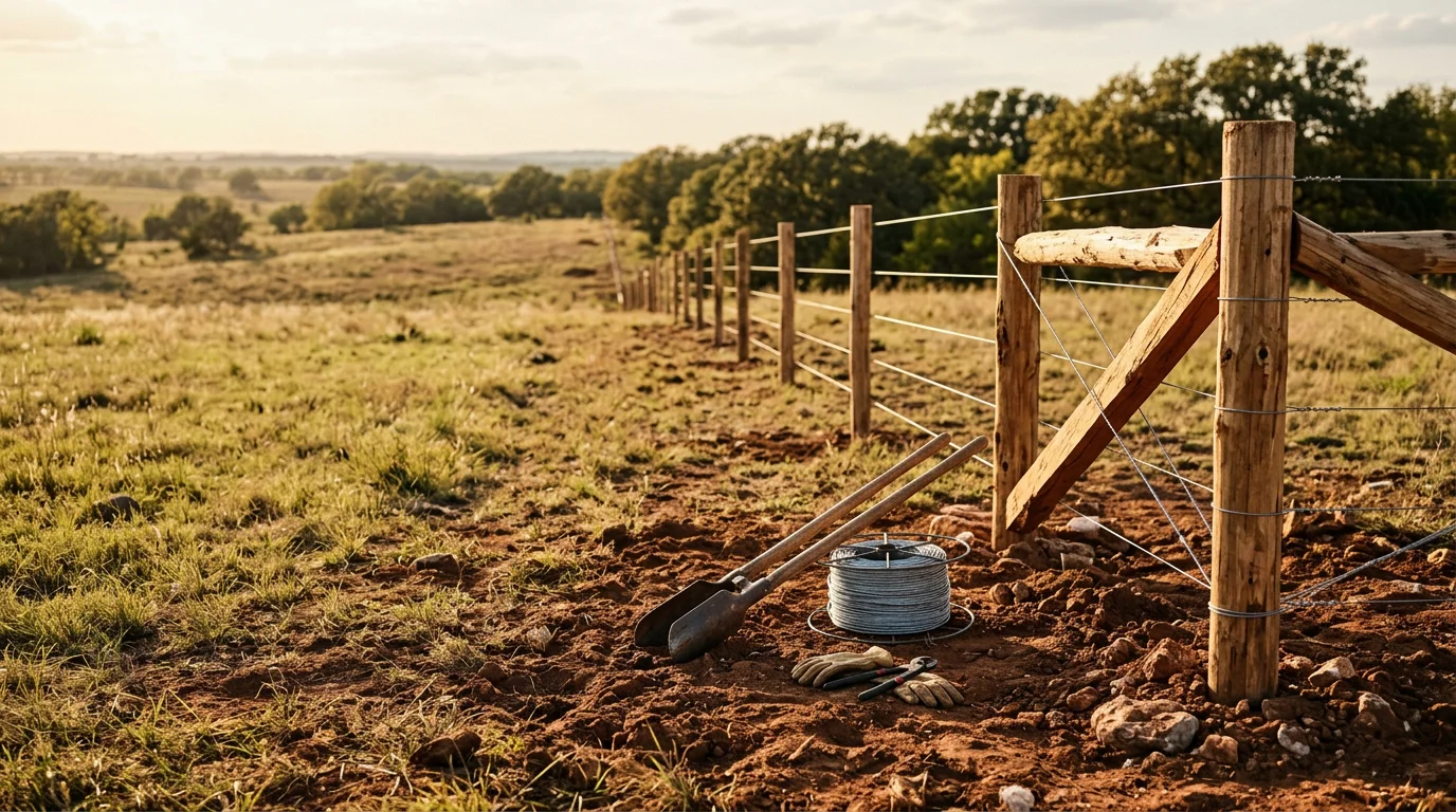 Newly installed multi-strand wire fence running along a rural pasture boundary in Stephenville, Texas, with wooden corner posts set in open Erath County ranchland. Fence line stretches across flat to gently rolling terrain with native grasses visible on both sides.